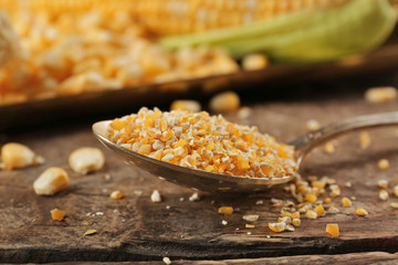 Fototapeta na wymiar Spoon with ground corn grains, closeup