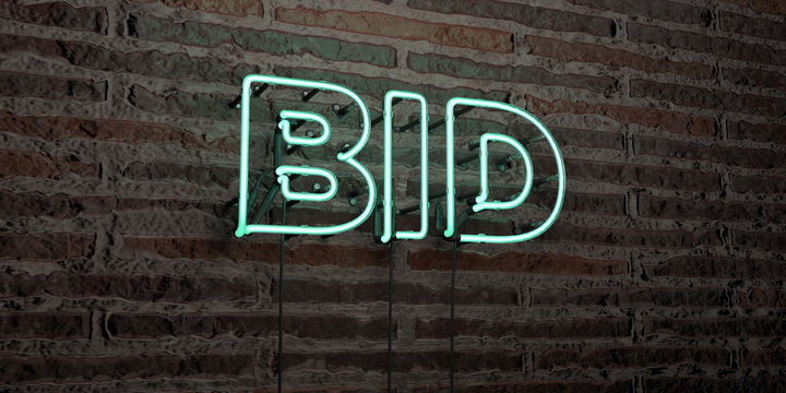 BID -Realistic Neon Sign on Brick Wall background - 3D rendered royalty free stock image. Can be used for online banner ads and direct mailers..