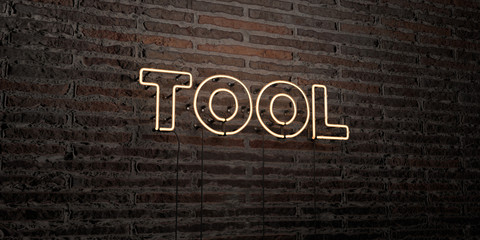 TOOL -Realistic Neon Sign on Brick Wall background - 3D rendered royalty free stock image. Can be used for online banner ads and direct mailers..