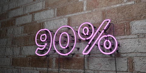 90% - Glowing Neon Sign on stonework wall - 3D rendered royalty free stock illustration.  Can be used for online banner ads and direct mailers..