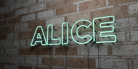 ALICE - Glowing Neon Sign on stonework wall - 3D rendered royalty free stock illustration.  Can be used for online banner ads and direct mailers..