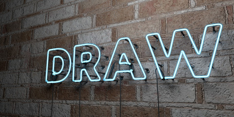 DRAW - Glowing Neon Sign on stonework wall - 3D rendered royalty free stock illustration.  Can be used for online banner ads and direct mailers..