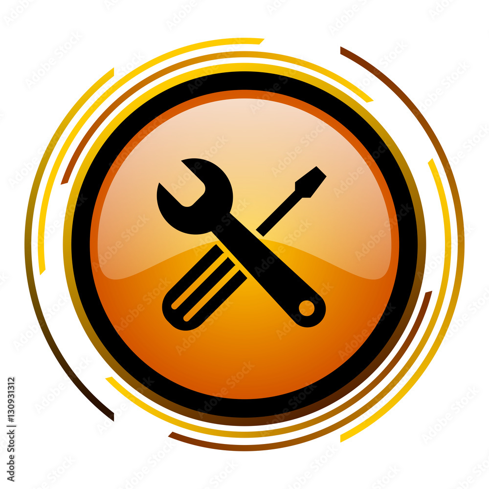 Poster Tools sign vector icon. Modern design round orange button isolated on white square background for web and application designers in eps10. 