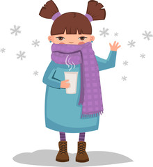 Cute girl with cup of coffee and big scarf outdoor
