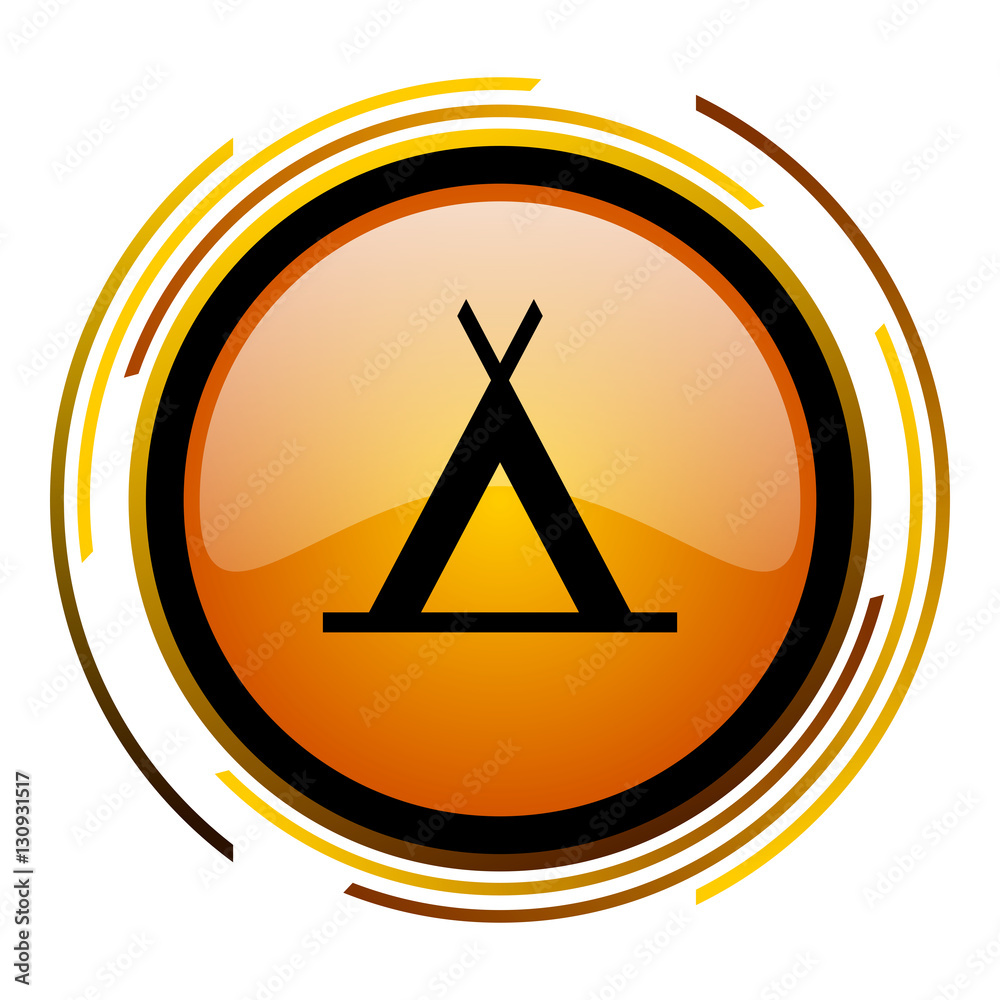 Poster Tent sign vector icon. Modern design round orange button isolated on white square background for web and application designers in eps10. 