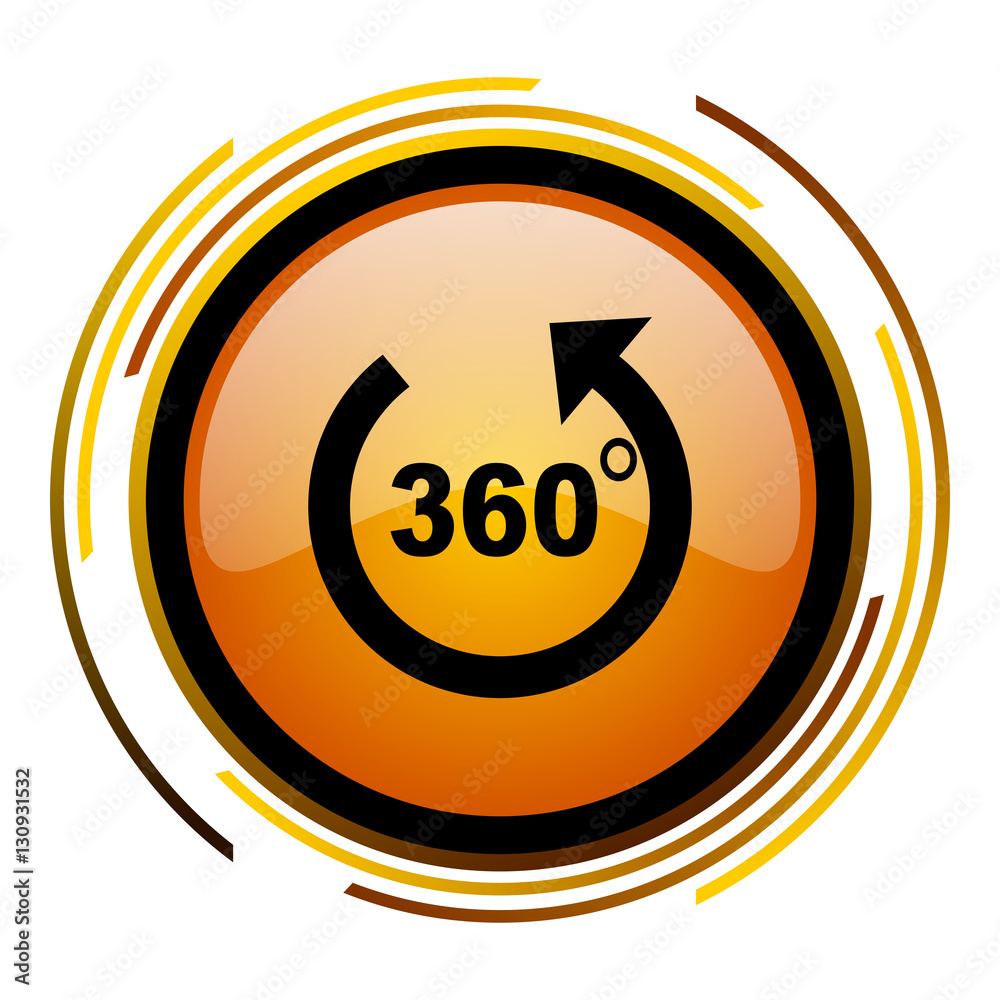 Poster 360 degrees panorama sign vector icon. Modern design round orange button isolated on white square background for web and application designers in eps10. 
