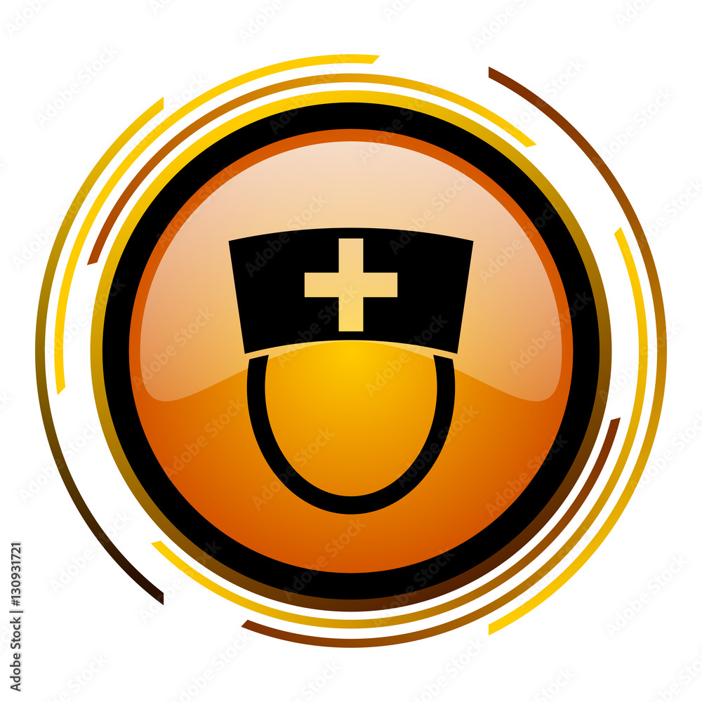 Aufkleber Hospital sign vector icon. Modern design round orange button isolated on white square background for web and application designers in eps10. 