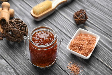 Still life with coffee scrub on wooden background