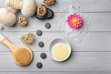 Still life with body scrub on wooden background