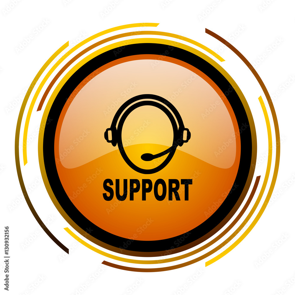 Poster Support sign vector icon. Modern design round orange button isolated on white square background for web and application designers in eps10. 