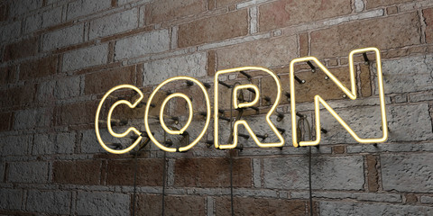 CORN - Glowing Neon Sign on stonework wall - 3D rendered royalty free stock illustration.  Can be used for online banner ads and direct mailers..