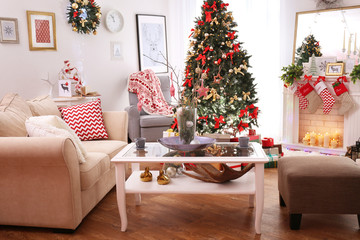 Interior of beautiful living room decorated for Christmas