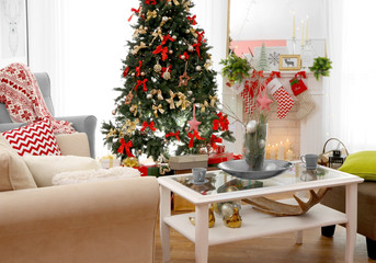 Interior of beautiful living room decorated for Christmas