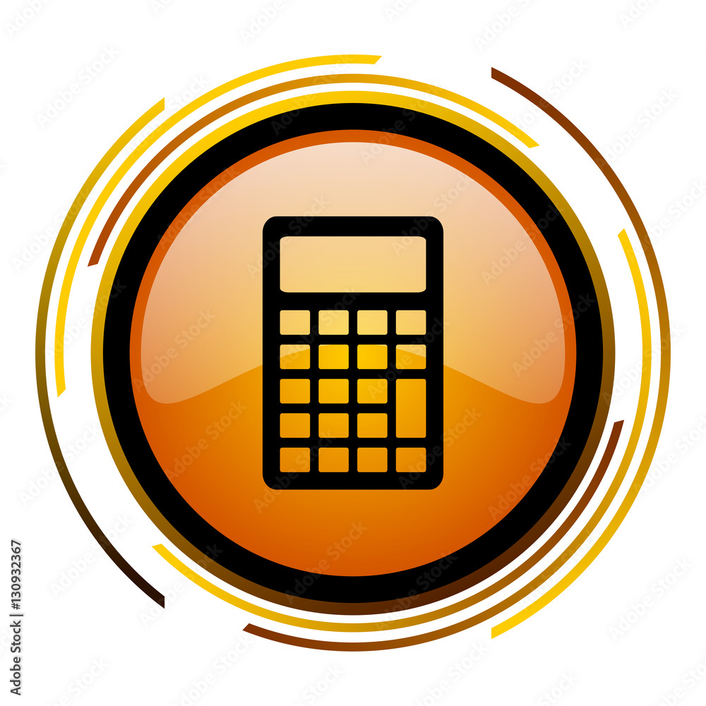 Poster Calculator sign vector icon. Modern design round orange button isolated on white square background for web and application designers in eps10. 
