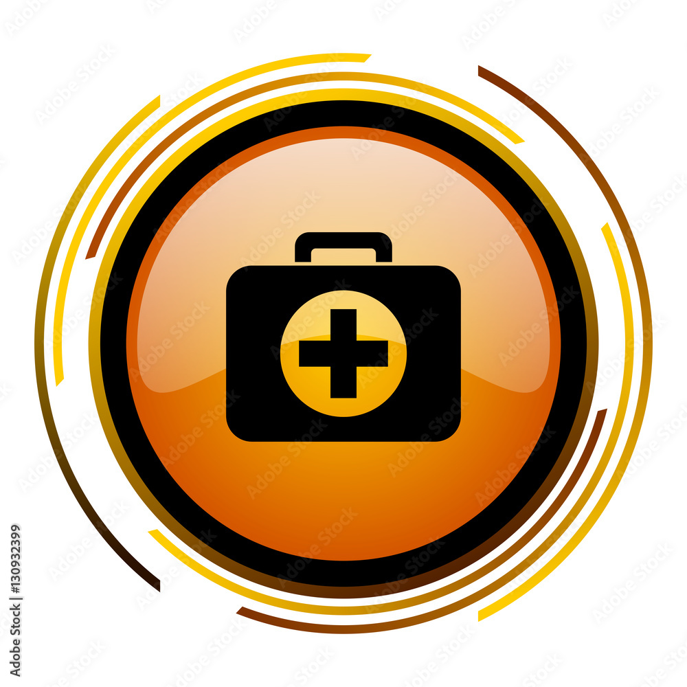 Poster First aid kit sign vector icon. Modern design round orange button isolated on white square background for web and application designers in eps10.
