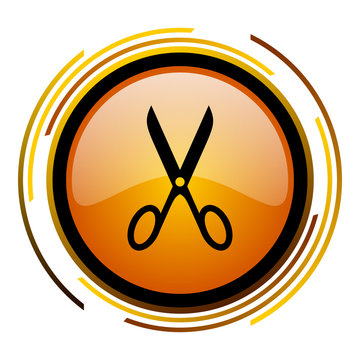 Cut sign vector icon. Modern design round orange button isolated on white square background for web and application designers in eps10. 