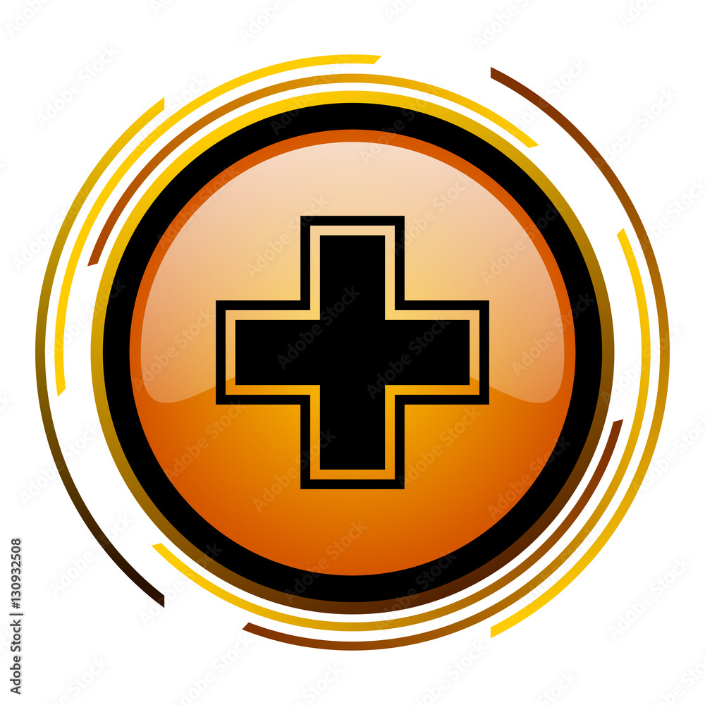 Poster Cross pharmacy sign vector icon. Modern design round orange button isolated on white square background for web and application designers in eps10.