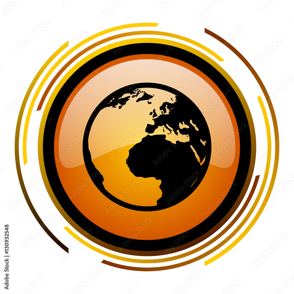 Poster Planet earth sign vector icon. Modern design round orange button isolated on white square background for web and application designers in eps10.