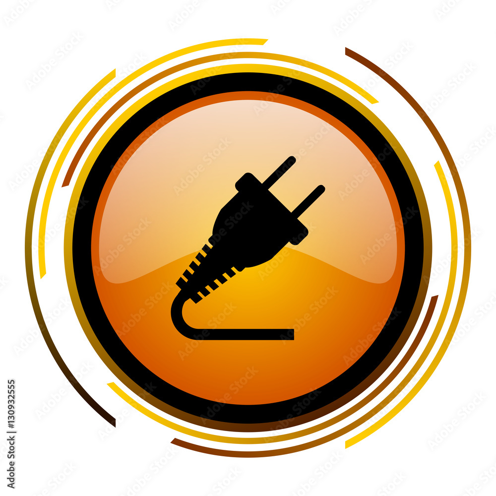 Poster Electric plug sign vector icon. Modern design round orange button isolated on white square background for web and application designers in eps10.