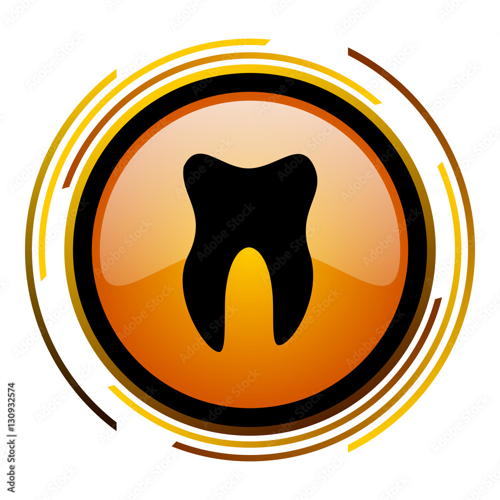 Poster Tooth sign vector icon. Modern design round orange button isolated on white square background for web and application designers in eps10.