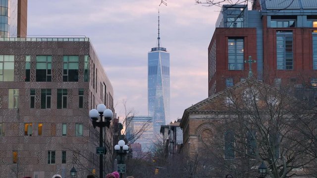 NEW YORK - Circa December, 2016 - A winter evening establishing shot of the Freedom Tower as seen from Washington Square Park.  	