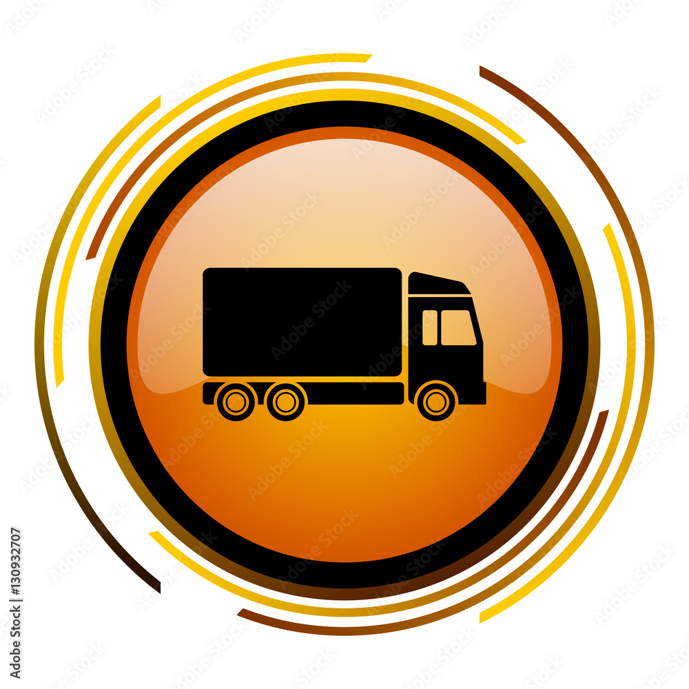 Fototapete Delivery truck sign vector icon. Modern design round orange button isolated on white square background for web and application designers in eps10.