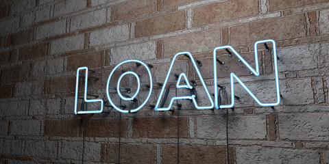 LOAN - Glowing Neon Sign on stonework wall - 3D rendered royalty free stock illustration.  Can be used for online banner ads and direct mailers..