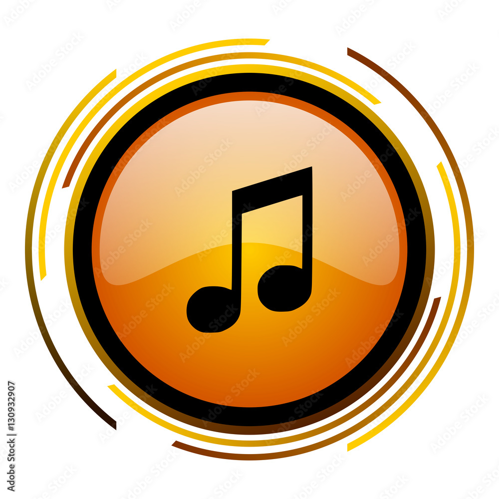 Poster Music sign vector icon. Modern design round orange button isolated on white square background for web and application designers in eps10.