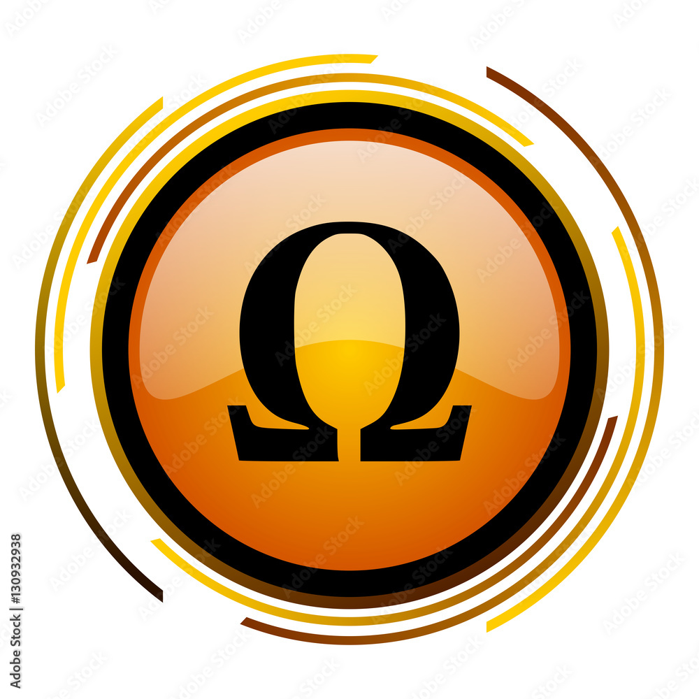 Poster greek letter omega sign vector icon. modern design round orange button isolated on white square back