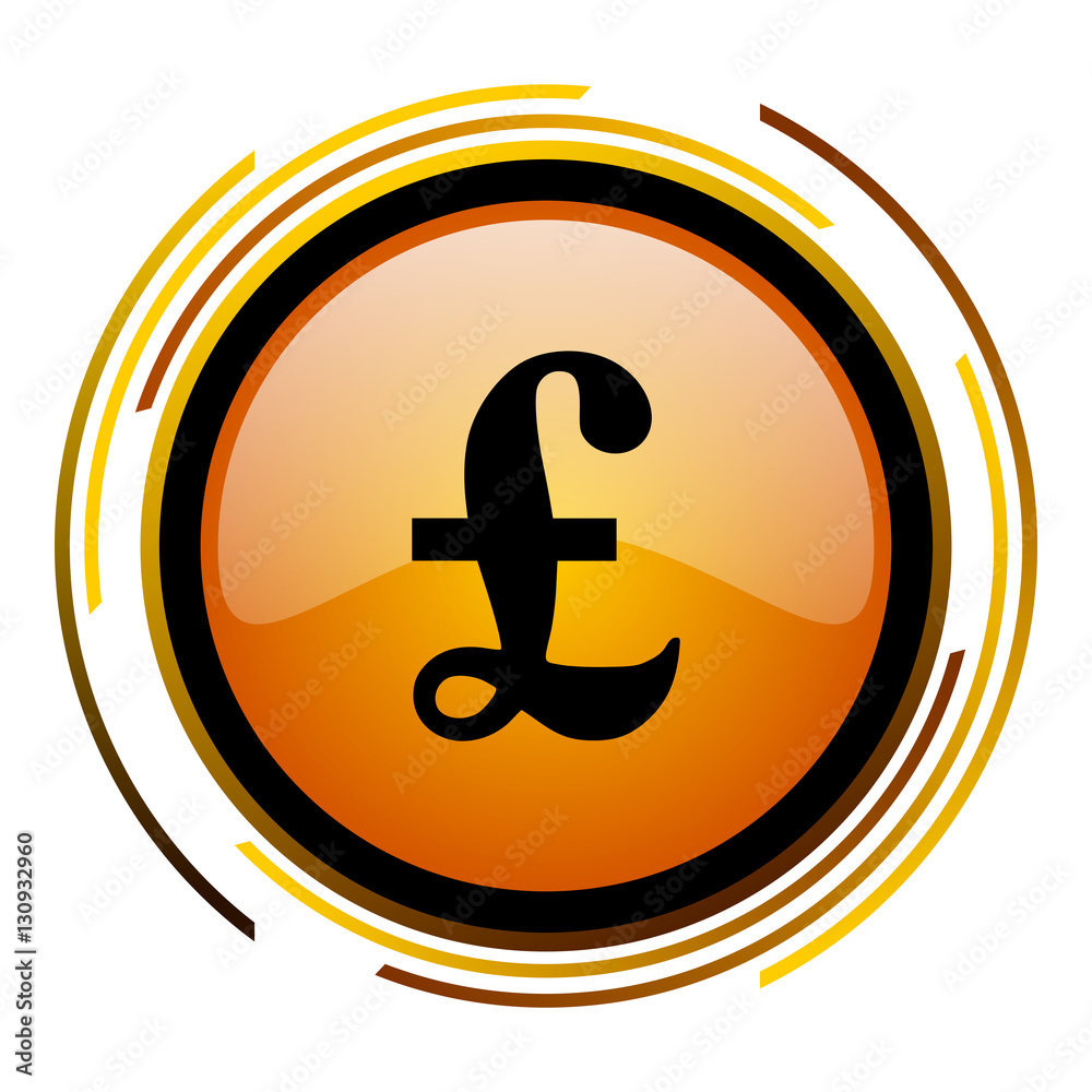 Poster British pound sign vector icon. Modern design round orange button isolated on white square background for web and application designers in eps10.
