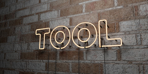TOOL - Glowing Neon Sign on stonework wall - 3D rendered royalty free stock illustration.  Can be used for online banner ads and direct mailers..