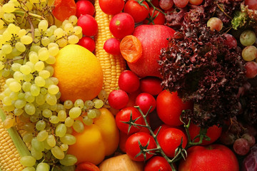 Naklejka na ściany i meble Fruits and vegetables background, closeup