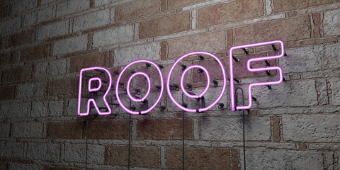 ROOF - Glowing Neon Sign on stonework wall - 3D rendered royalty free stock illustration.  Can be used for online banner ads and direct mailers..