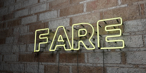 FARE - Glowing Neon Sign on stonework wall - 3D rendered royalty free stock illustration.  Can be used for online banner ads and direct mailers..