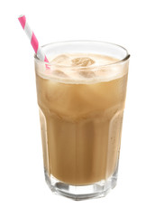 Glass of cold coffee on white background