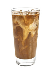 Glass of cold coffee on white background