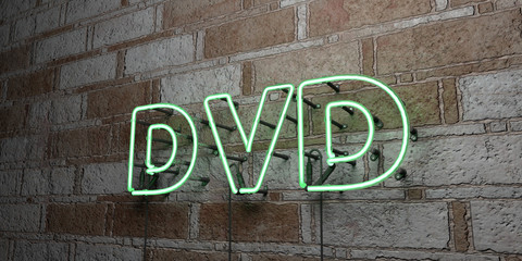 DVD - Glowing Neon Sign on stonework wall - 3D rendered royalty free stock illustration.  Can be used for online banner ads and direct mailers..
