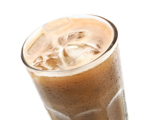 Glass of cold coffee on white background