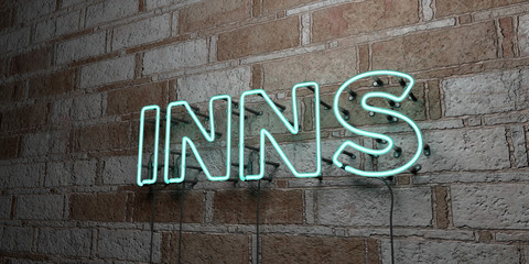 INNS - Glowing Neon Sign on stonework wall - 3D rendered royalty free stock illustration.  Can be used for online banner ads and direct mailers..