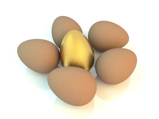 golden egg among eggs isolated on white background