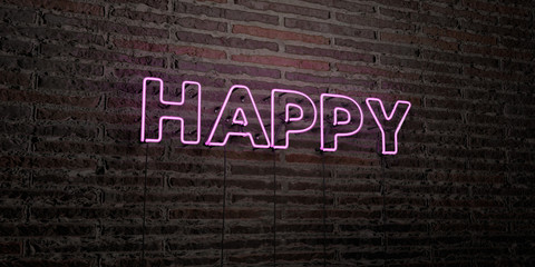 HAPPY -Realistic Neon Sign on Brick Wall background - 3D rendered royalty free stock image. Can be used for online banner ads and direct mailers..