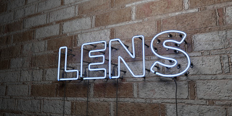 LENS - Glowing Neon Sign on stonework wall - 3D rendered royalty free stock illustration.  Can be used for online banner ads and direct mailers..