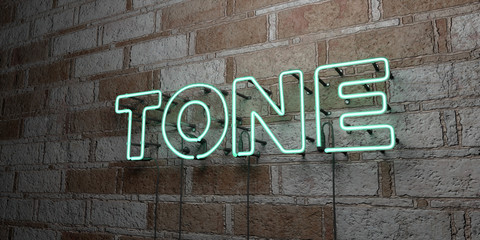 TONE - Glowing Neon Sign on stonework wall - 3D rendered royalty free stock illustration.  Can be used for online banner ads and direct mailers..