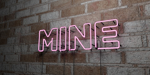 MINE - Glowing Neon Sign on stonework wall - 3D rendered royalty free stock illustration.  Can be used for online banner ads and direct mailers..