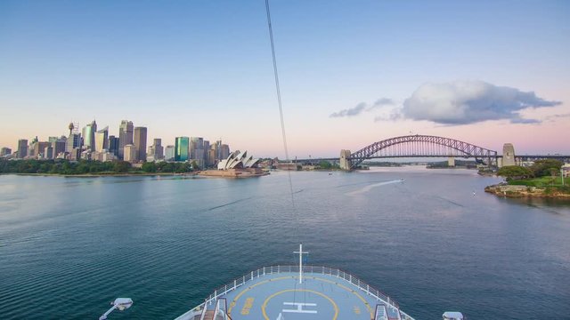 Sydney Australia Timelapse Arriving by Cruise Ship Moving Past Opera House and Docking at Overseas Terminal in Downtown