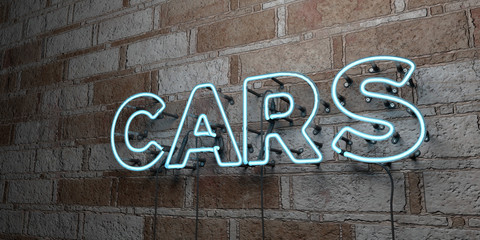 CARS - Glowing Neon Sign on stonework wall - 3D rendered royalty free stock illustration.  Can be used for online banner ads and direct mailers..