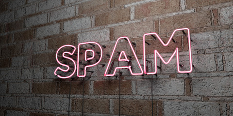 SPAM - Glowing Neon Sign on stonework wall - 3D rendered royalty free stock illustration.  Can be used for online banner ads and direct mailers..