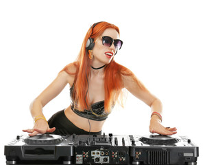 Beautiful female dj mixing music on white background