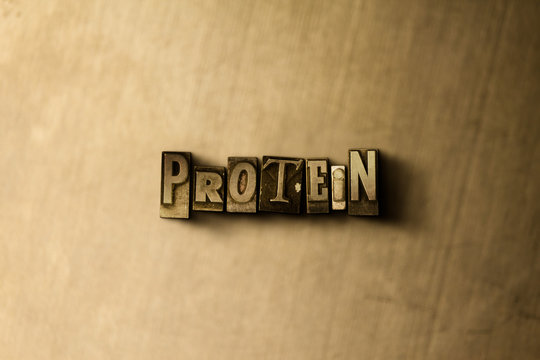 PROTEIN - close-up of grungy vintage typeset word on metal backdrop. Royalty free stock - 3D rendered stock image.  Can be used for online banner ads and direct mail.