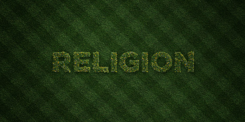 RELIGION - fresh Grass letters with flowers and dandelions - 3D rendered royalty free stock image. Can be used for online banner ads and direct mailers..